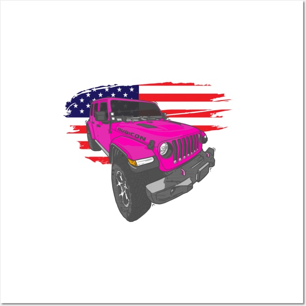 Jeep Wrangler with American Flag - Pink Wall Art by 4x4 Sketch